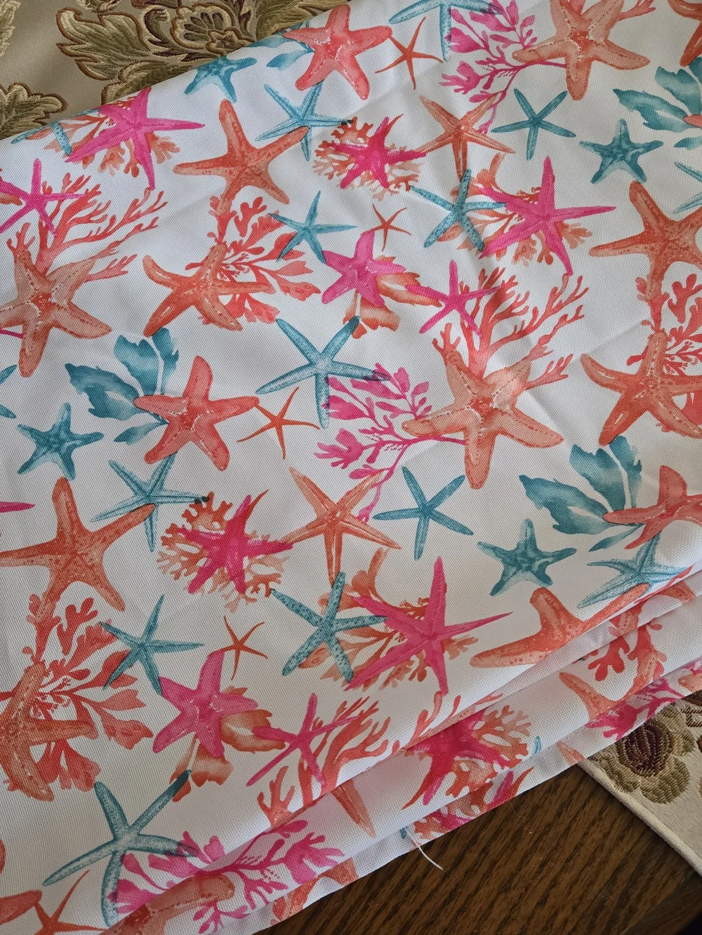 Sigrid Olsen Coral and Aqua Starfish Print Table Linen XL